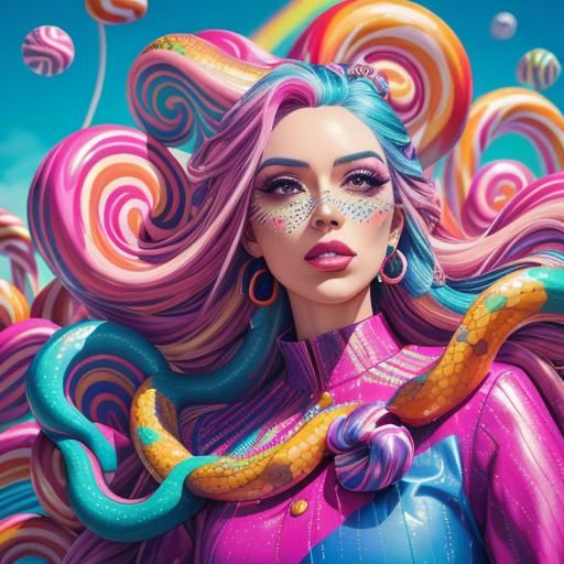 Candy Art: Woman with Snakes in Sugary Landscape