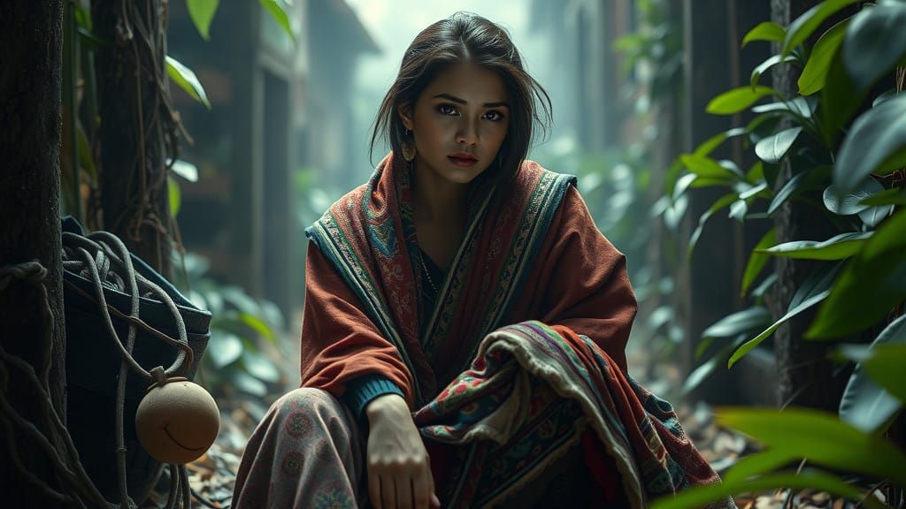 Hyper-Realistic 3D Rendering of a Woman in an Overgrown Alle...