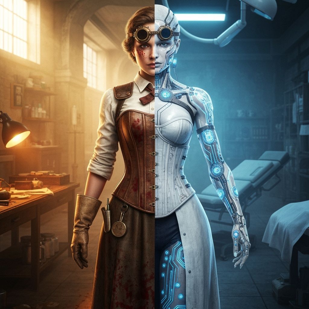 Steampunk Surgeon Meets Surgical Android in Cyberpunk London