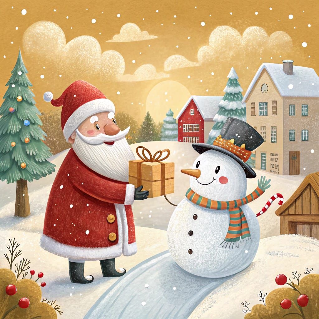 Santa and Snowman Exchange Gifts: Whimsical Christmas Scene