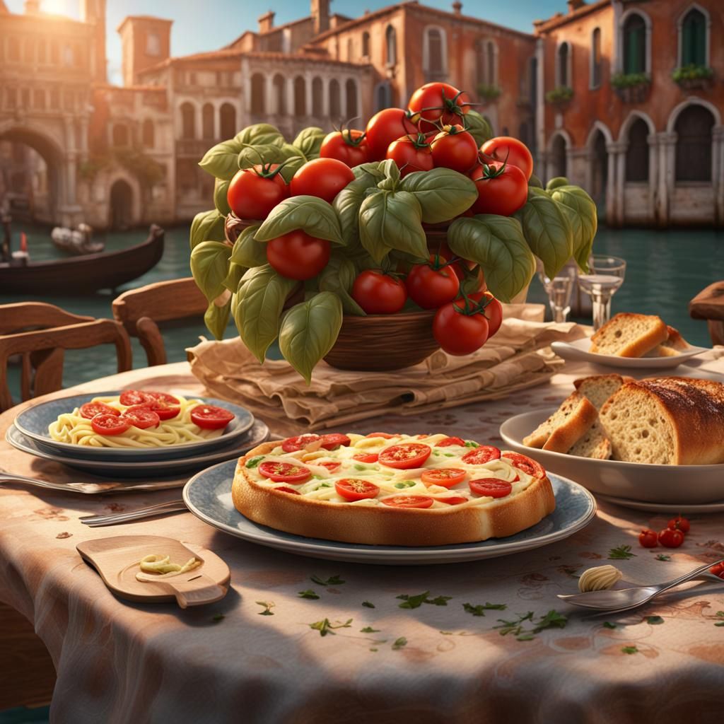 Fettuccine Alfredo in Venice: Detailed Digital Art