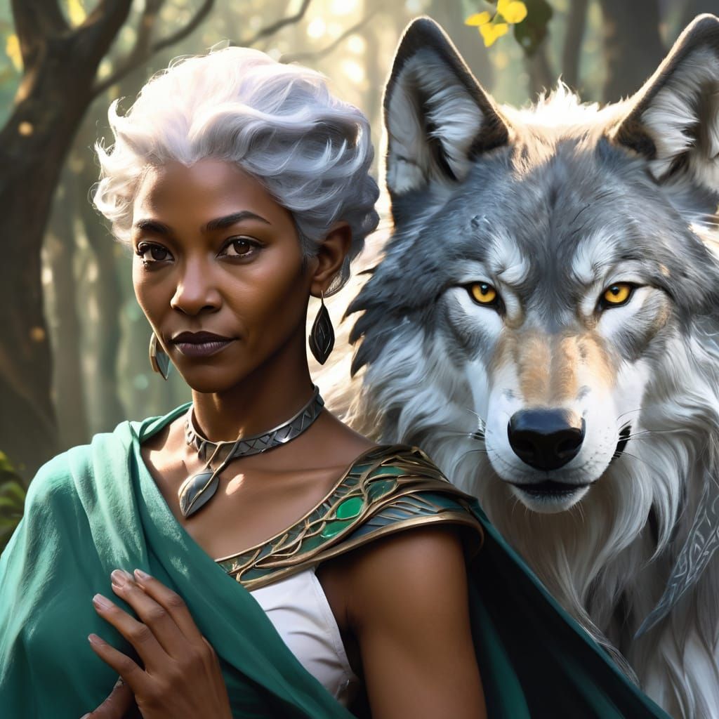 African-American Elf Lady and Wolf Spirit in Sylvan Grove