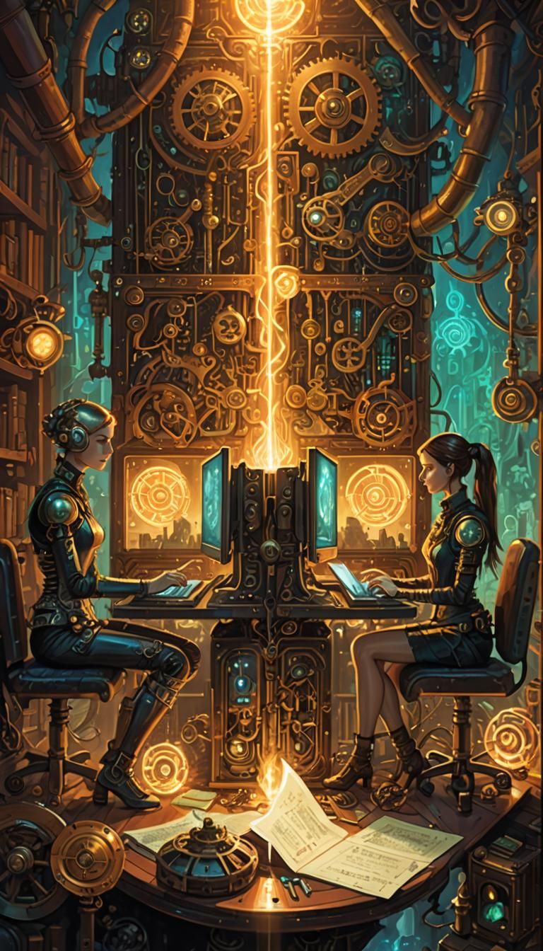 Android and Human in Mystical Chamber, Fantasy Illustration