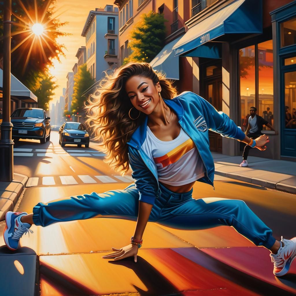 Girl Breakdancing in City Street at Sunset
