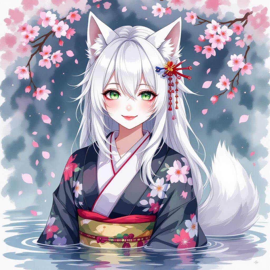 Geisha with Wolf Features in Watercolor Style