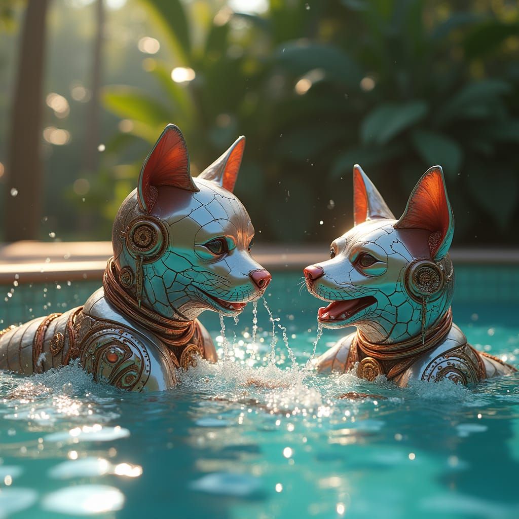 Metallic Frenemies Splash in Futuristic Oasis