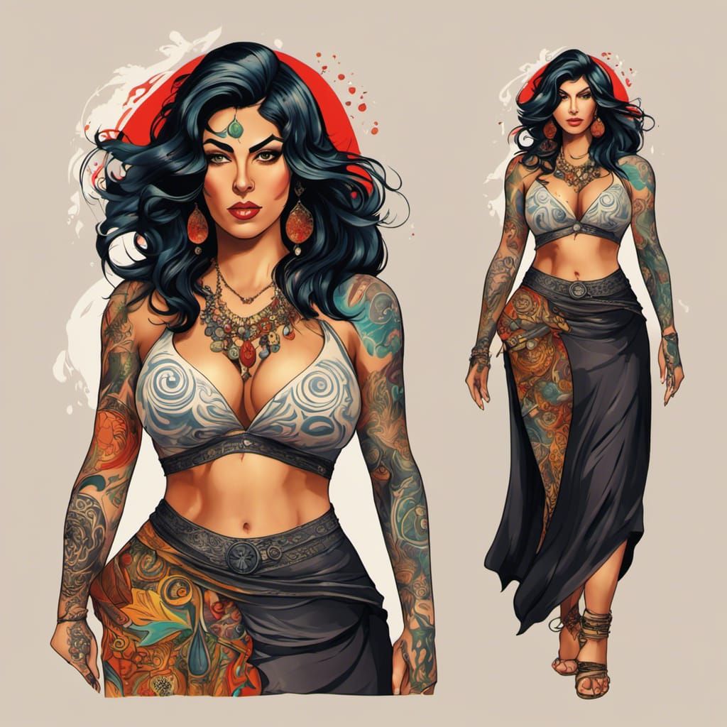 Tattooed Gypsy Woman in Modern Splash Art Style