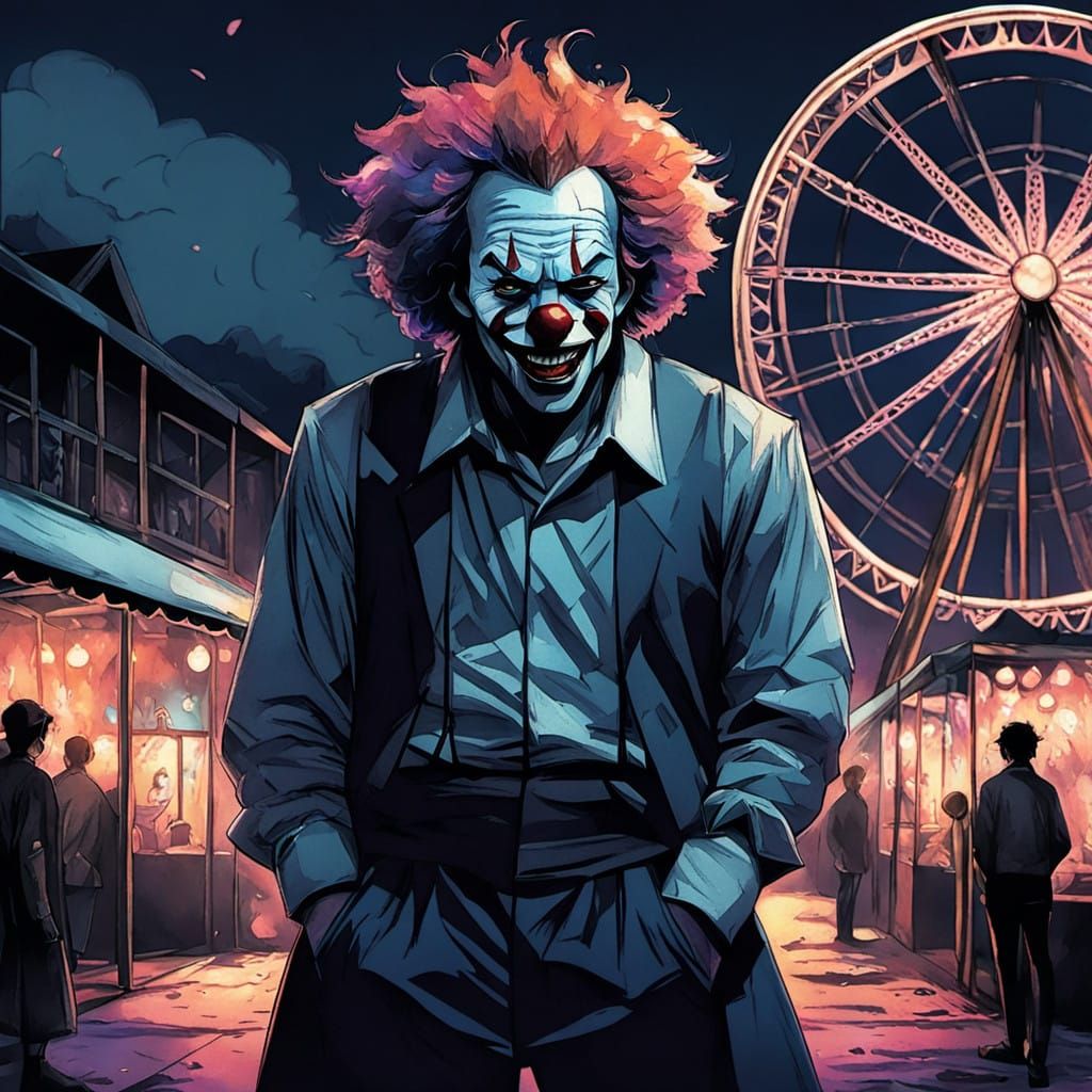 Battle-Scarred Carnival Clown in Dark, Muted Colors