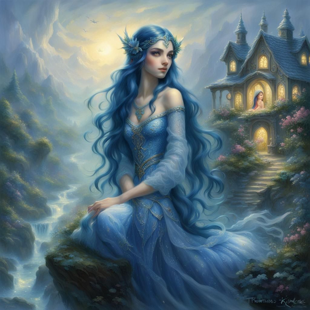 Ethereal Elf Woman with Flowing Blue Hair