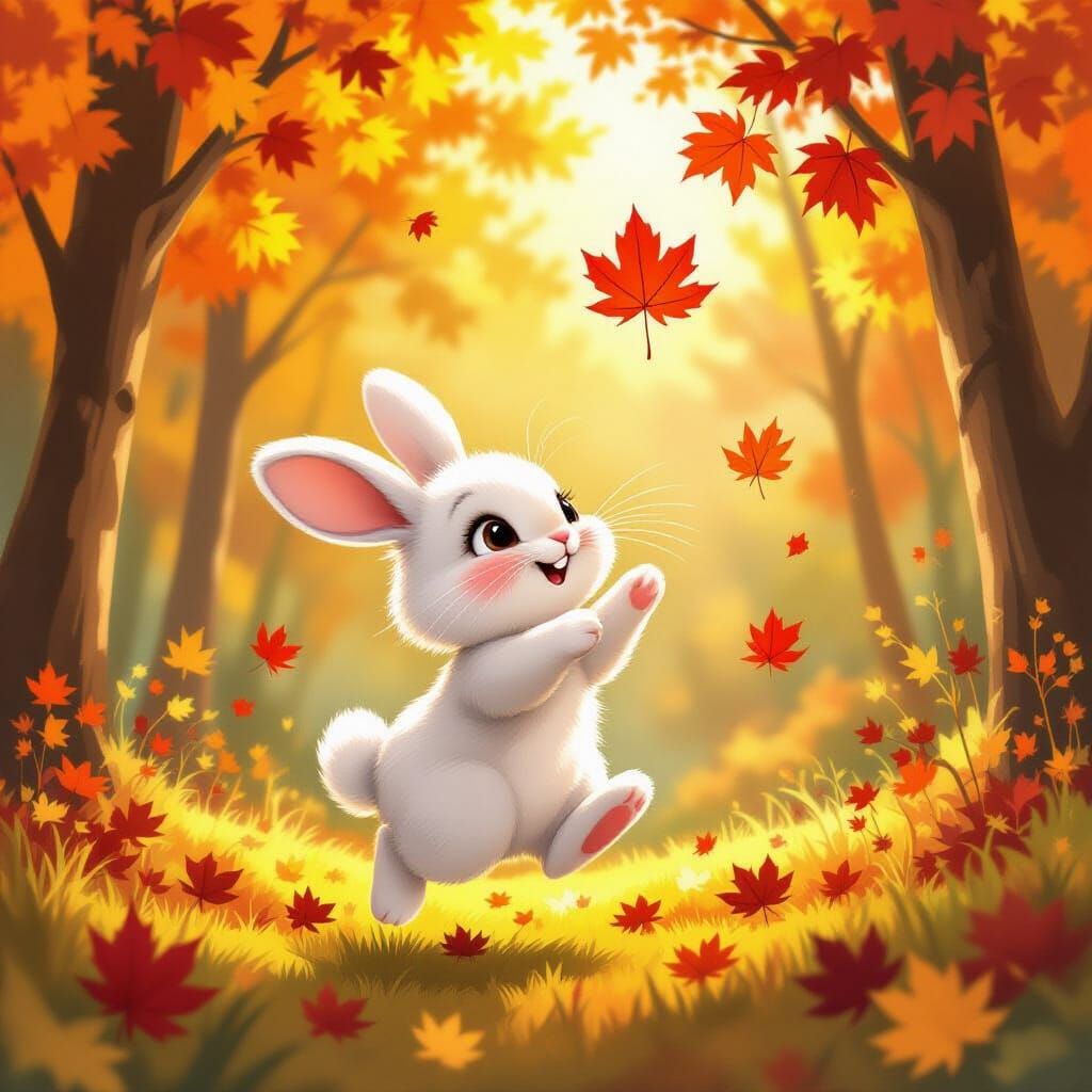 Cute Rabbit Chasing Autumn Leaf in Storybook Style