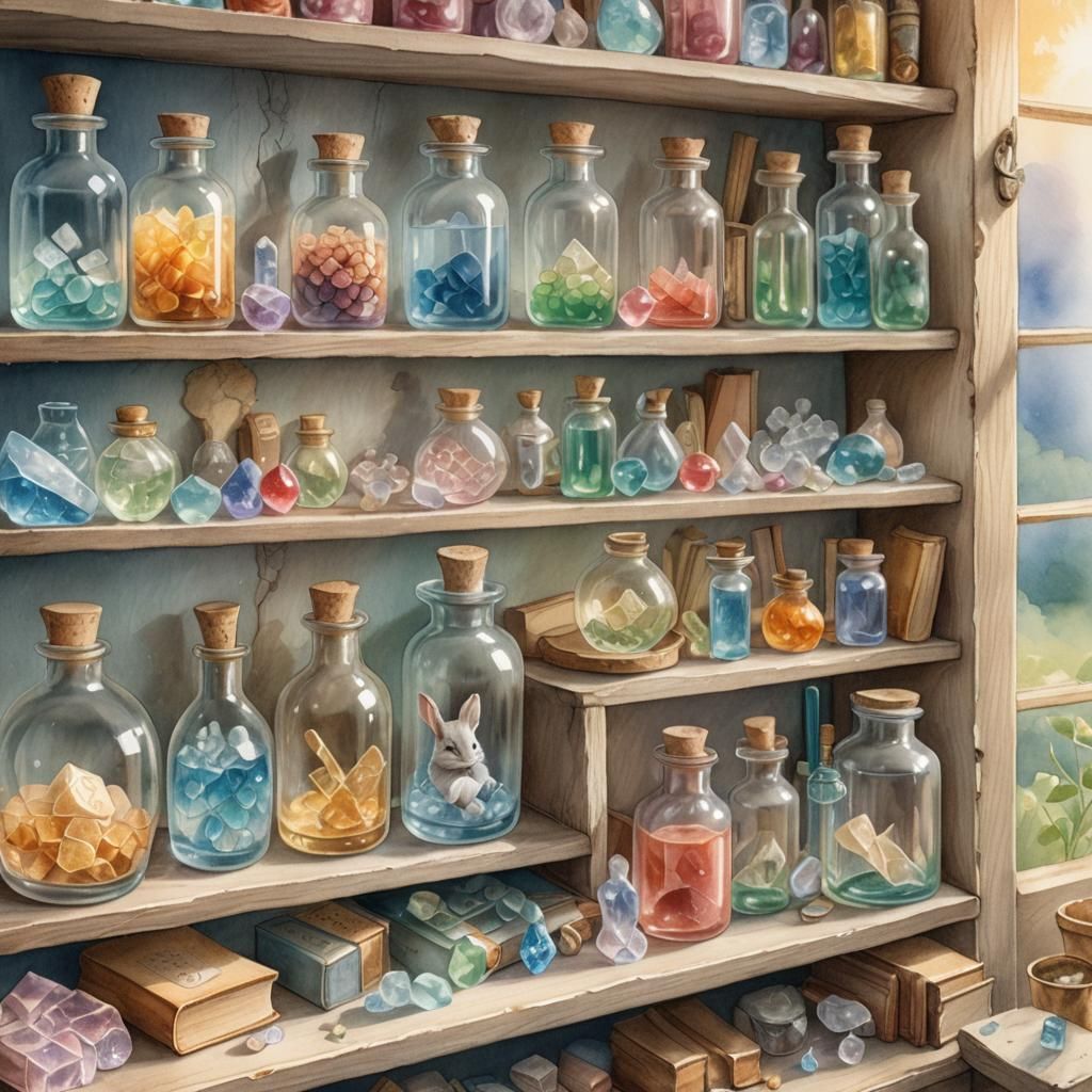 Magical Shop Shelf in Whimsical Colored Pencil Style