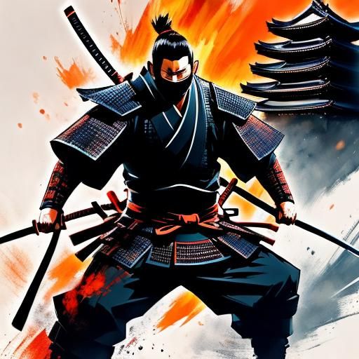 Samurai Warrior Double Exposure Portrait in Manhwa Style