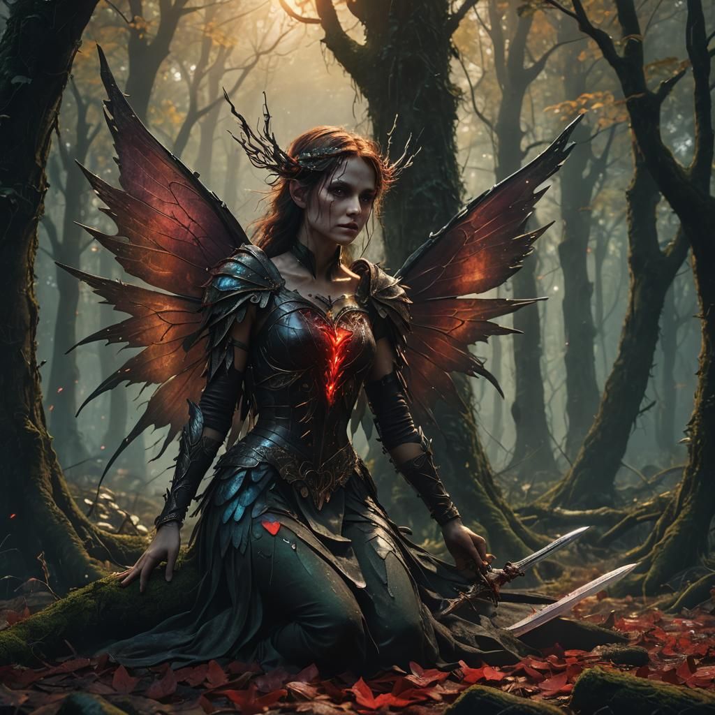 Slain Fairy in Misty Forest: Dark Fantasy Painting