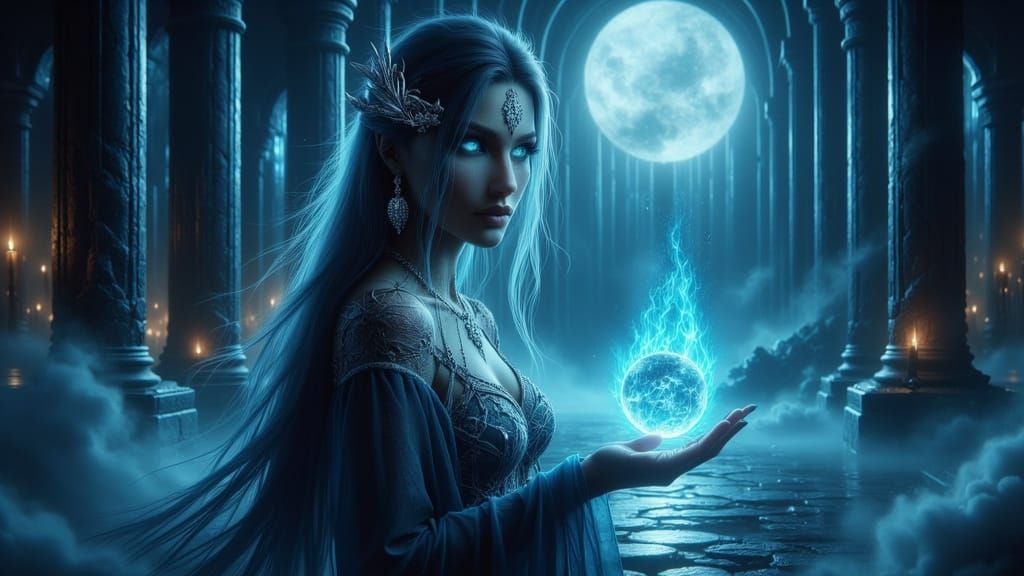 Timeless High Priestess in Midnight Blue Robes