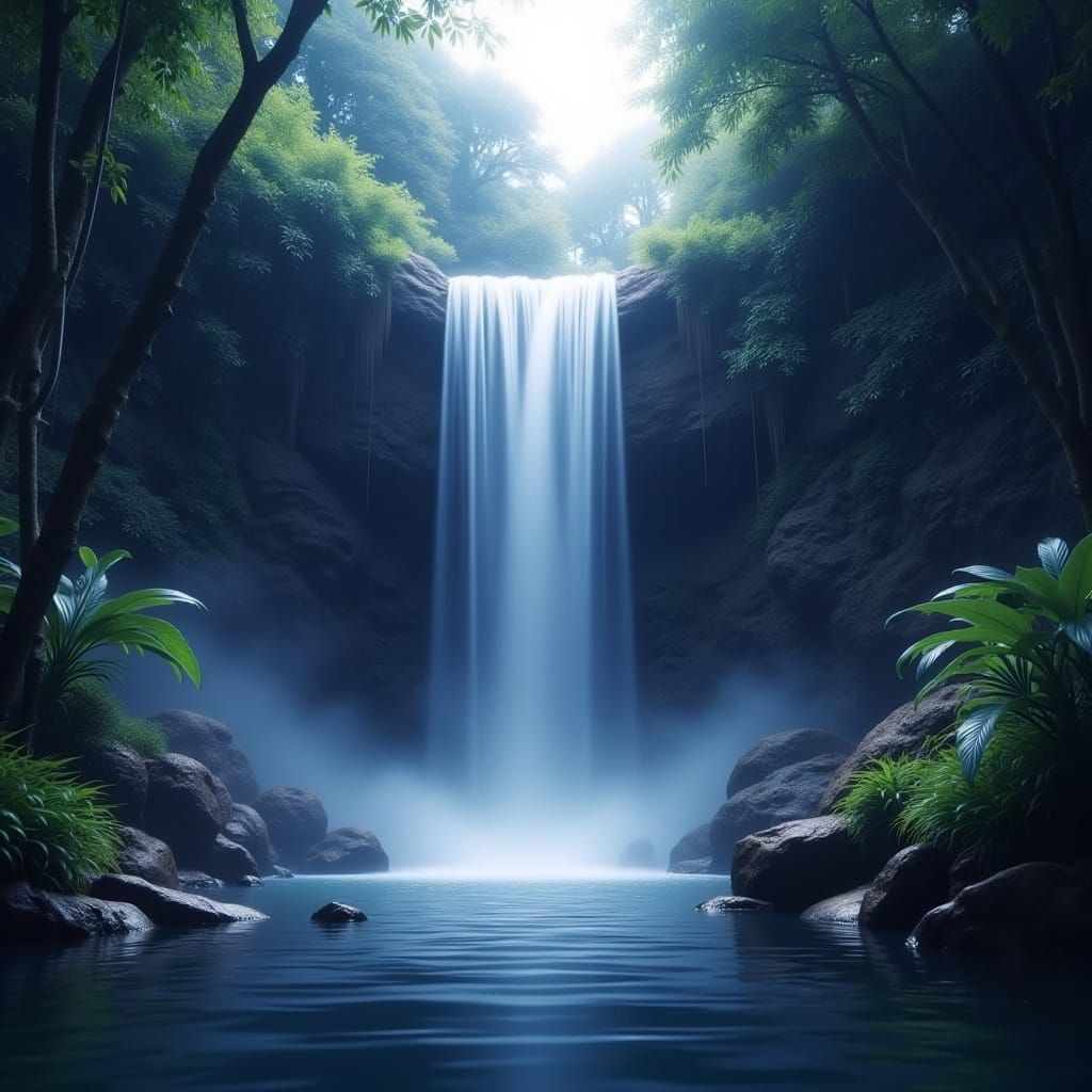 Jungle Waterfall at Night in Anime Style