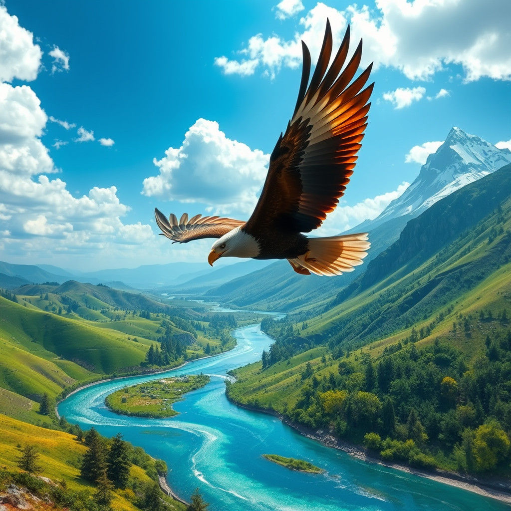 Eagle Soaring Over Mountain Landscape in Matte Painting