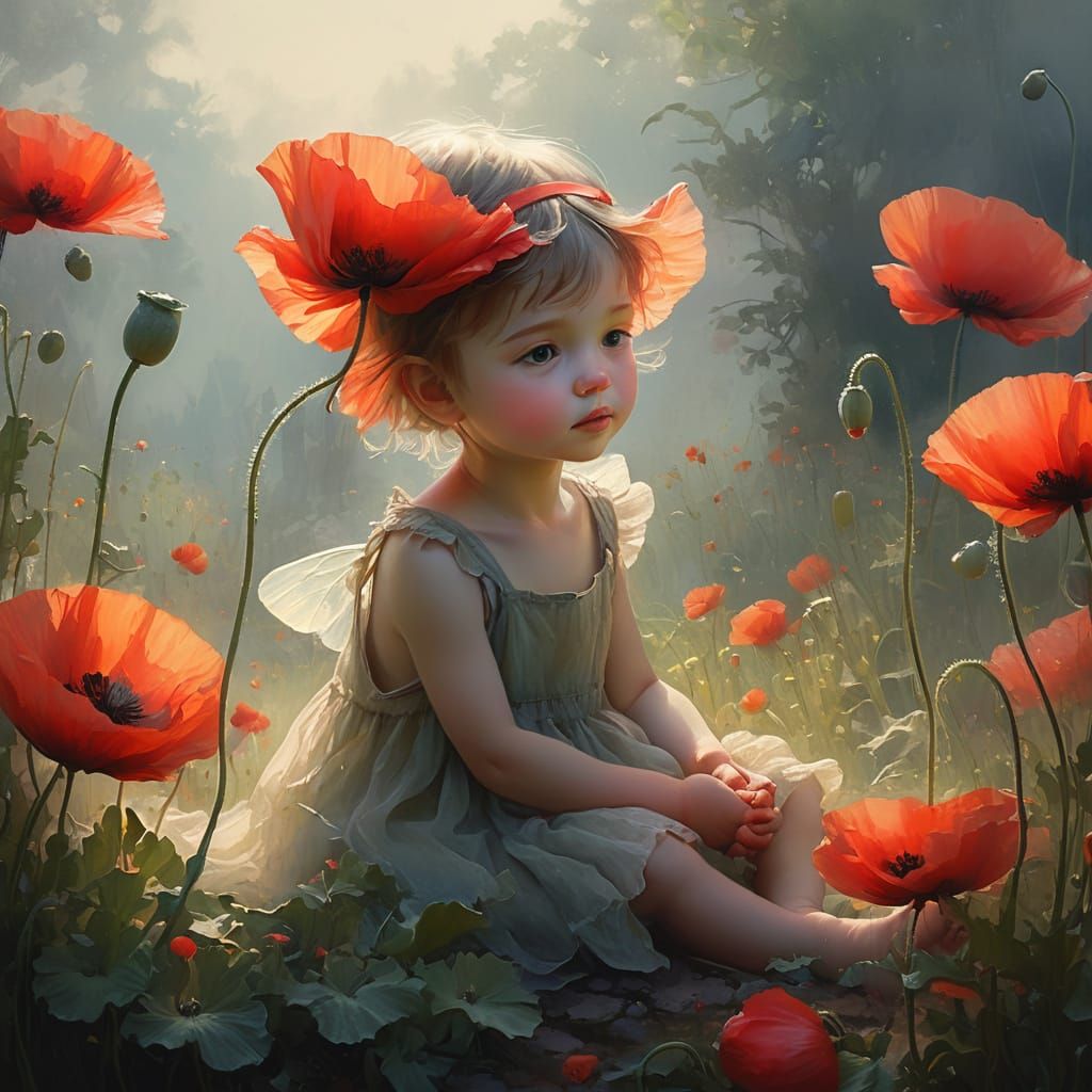 Delicate Fairy in a Vibrant Poppies Garden Scene
