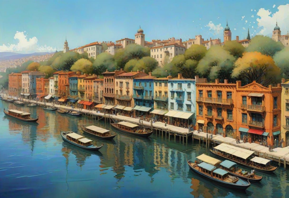 Elaborate Architecture in Art Nouveau Watercolor Style