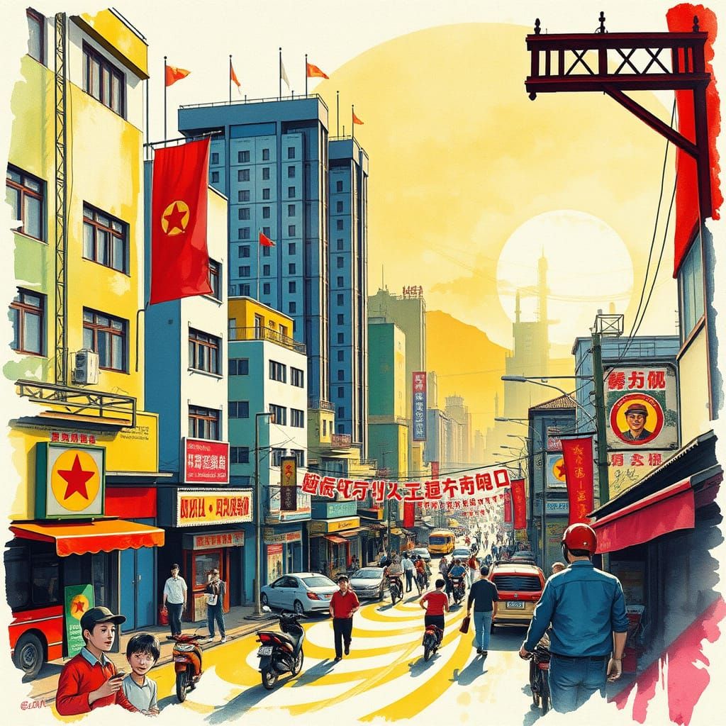 Retro-Style Movie Poster of Communist China Town
