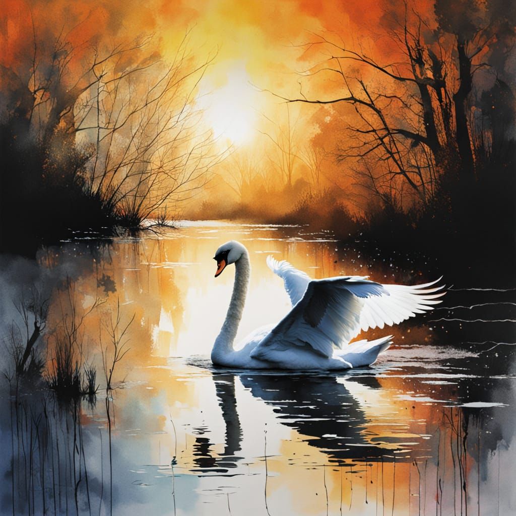 Winter Swan Takes Flight in Ethereal Watercolour