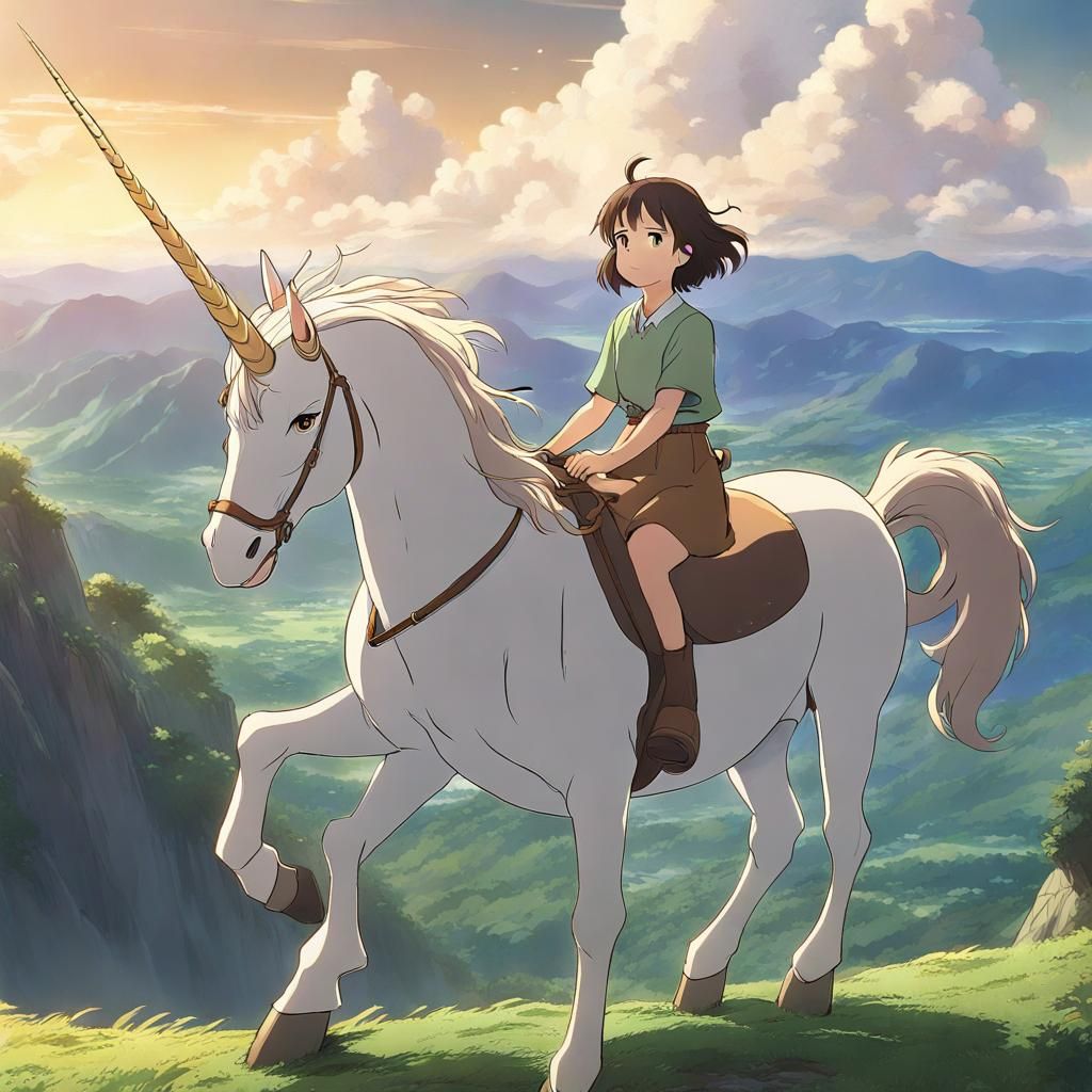 Girl Riding Unicorn in Anime Style Landscape