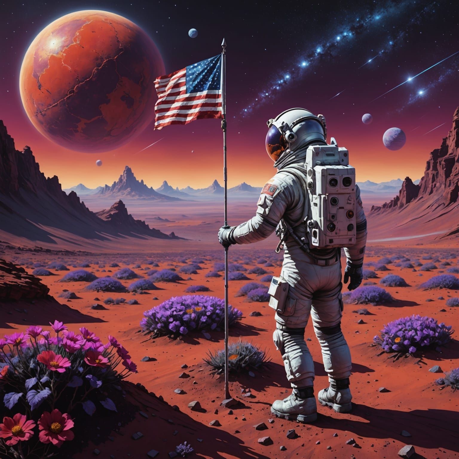 Astronaut Plants Blooming Flower Flag on Alien World