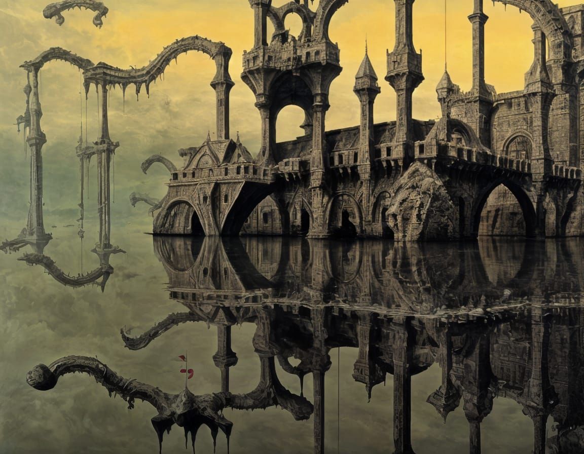 Surreal Castle in Mid-Air with Intricate Moats and Drawbridg...