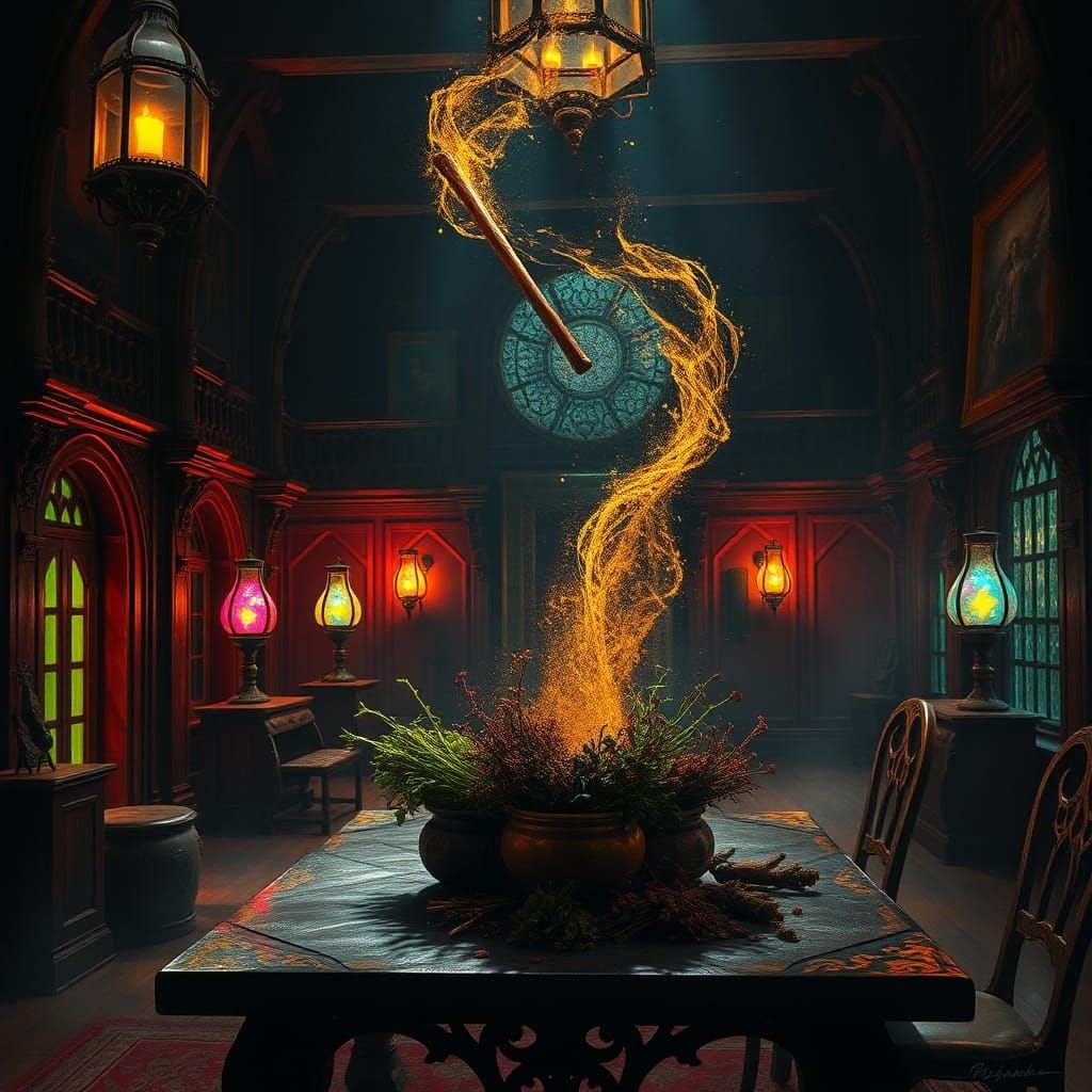 Gothic Manor Room With Magical Glowing Vases