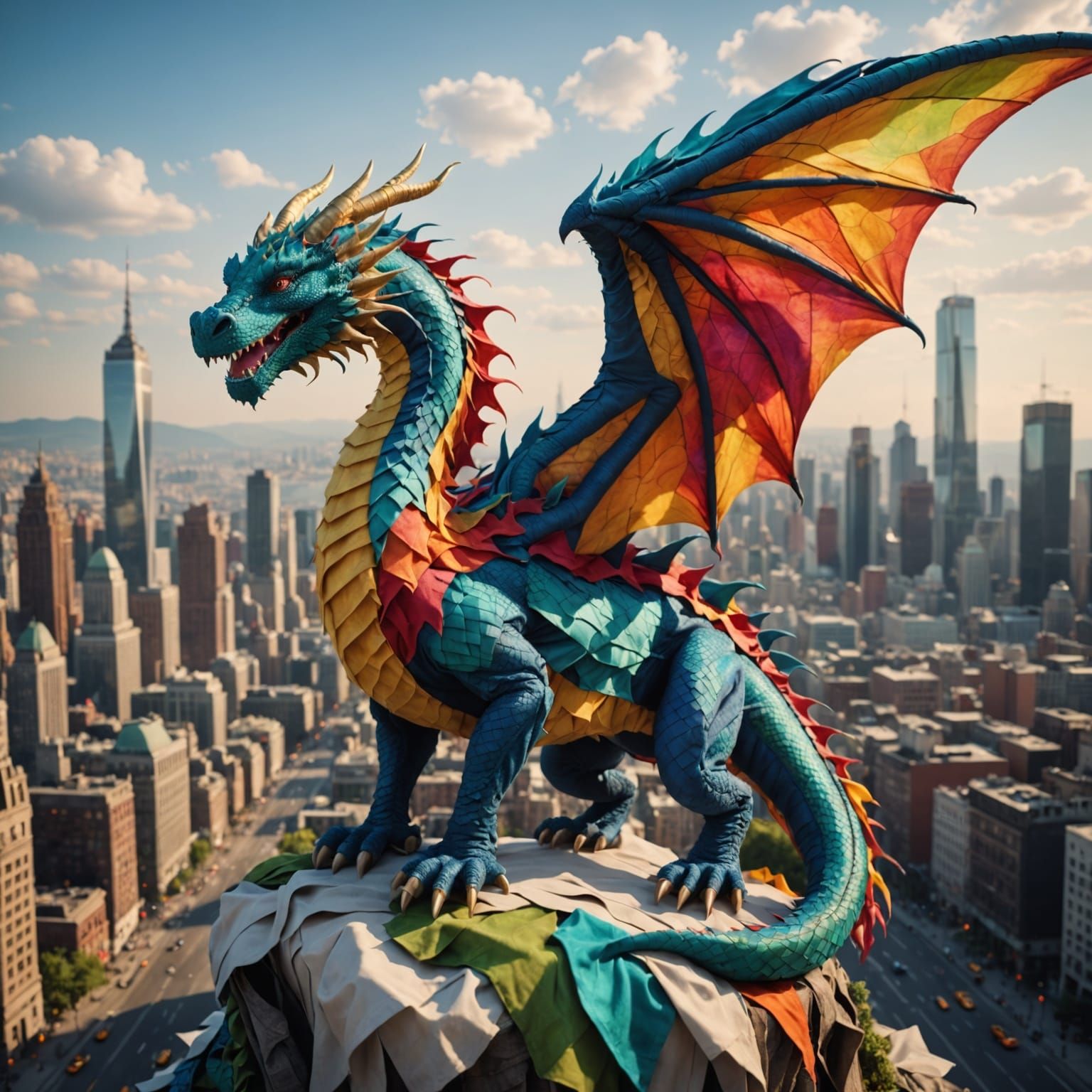 Dragon Embellishes Vibrant Cityscape in Textile Tapestry