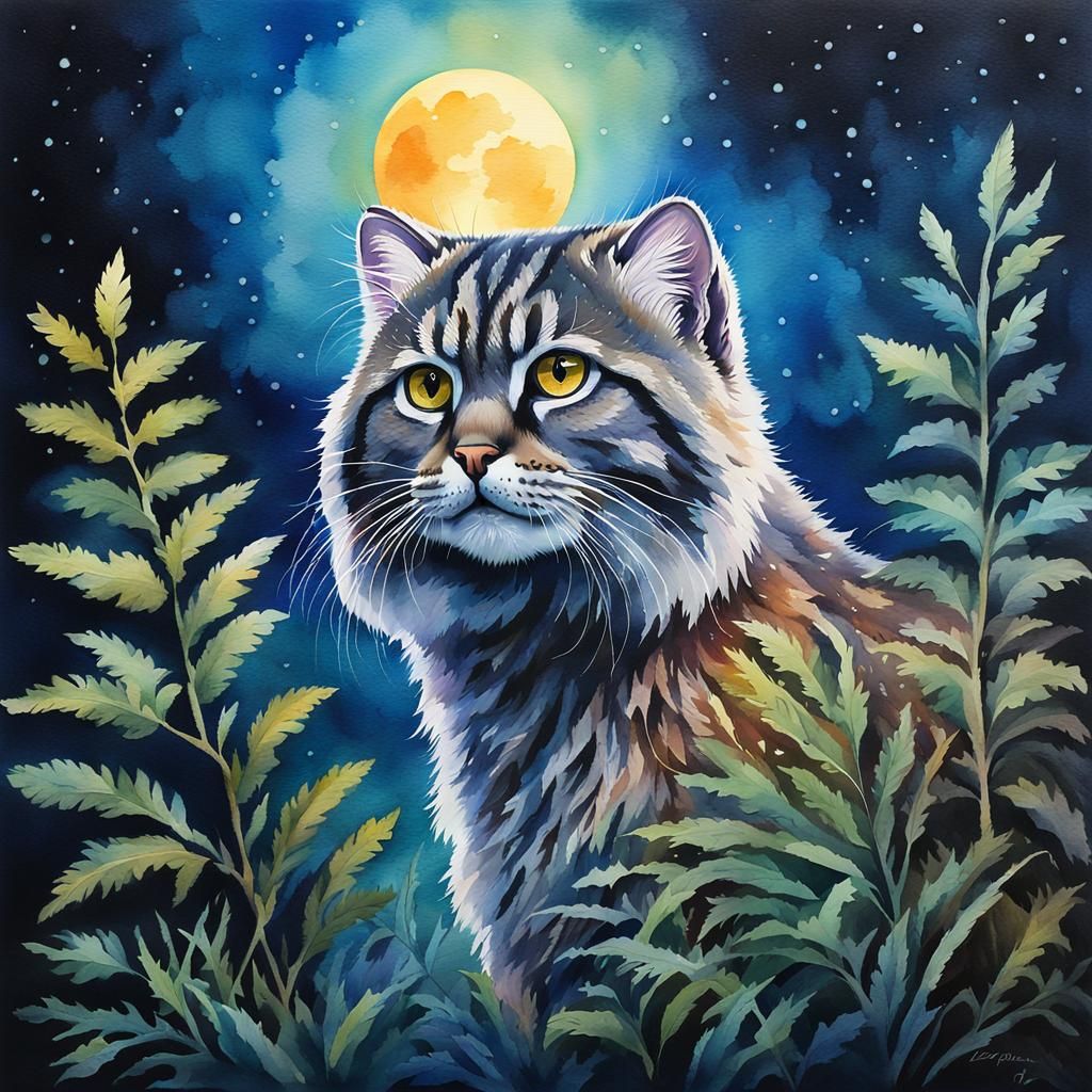 Pallas's Cat in Moonlit Mist: Watercolor Painting