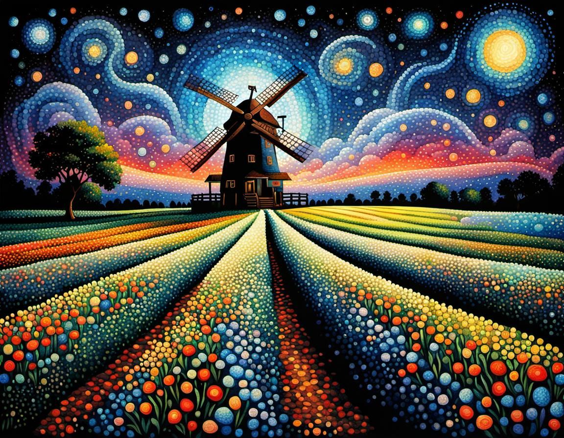 Pointillist Night: Flower Field and Windmill