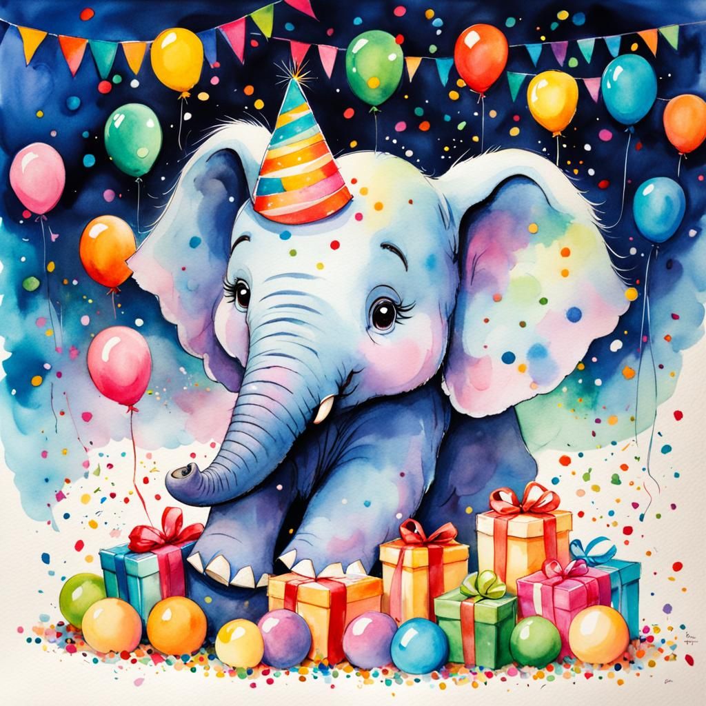 Baby Elephant Birthday Celebration in Mixed Media Style