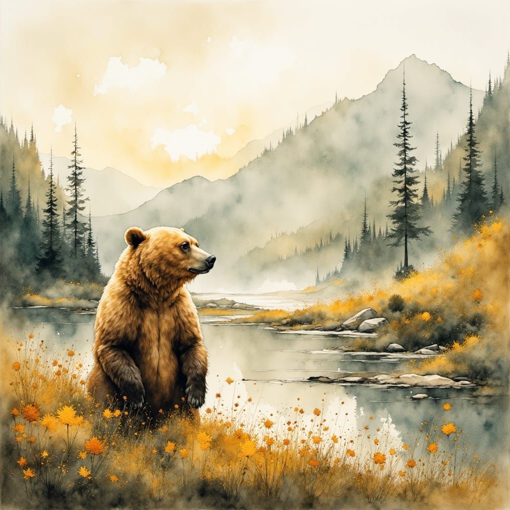 Brown Bear in Enchanted Meadow Watercolor Style