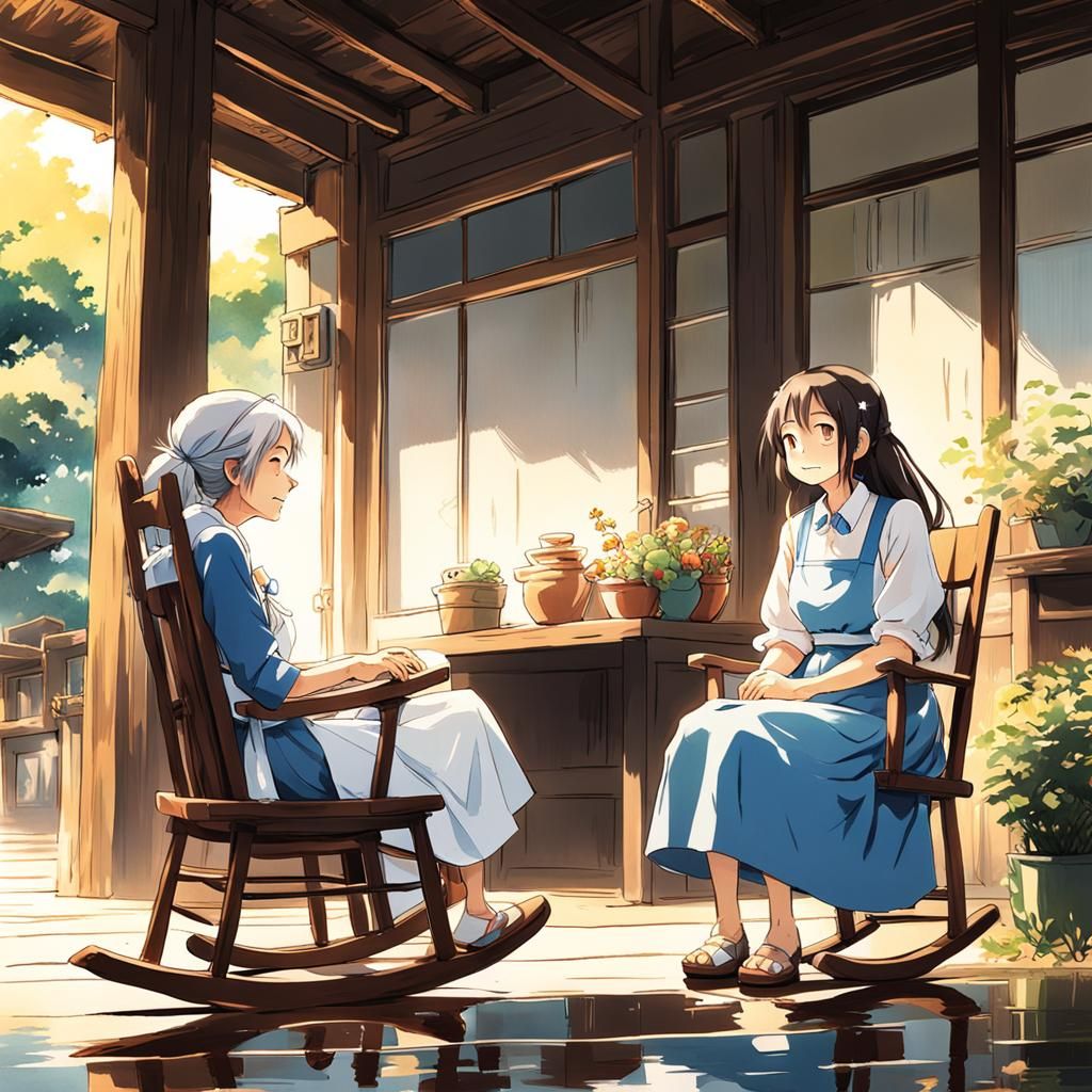 Anime Girl Talks to Grandmother: Ghibli Style Art