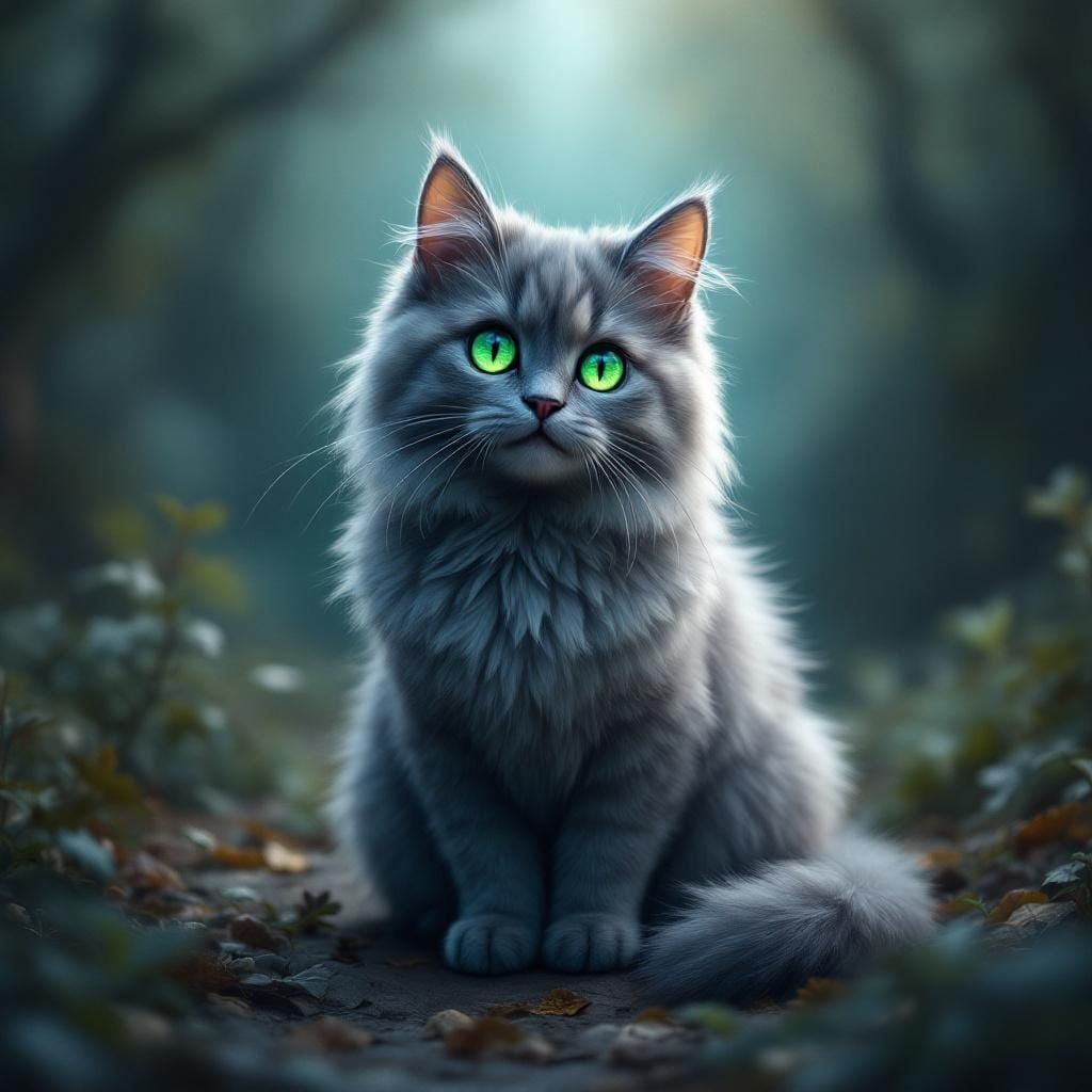 Mystical Grey Cat Portrait with Green Eyes