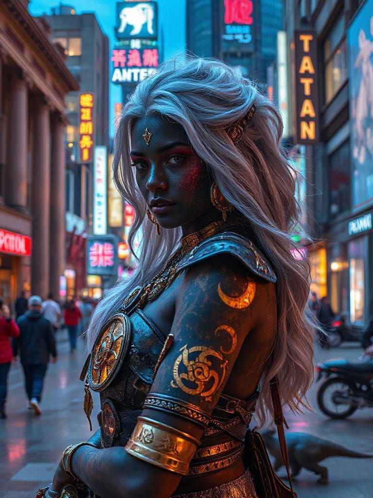 Surreal Goddess of Time and Space in Neon Urban Landscape