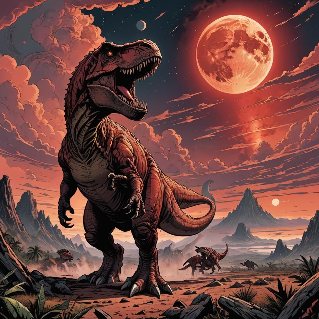 Raging T-Rex Under Red Moon, Comic Book Art