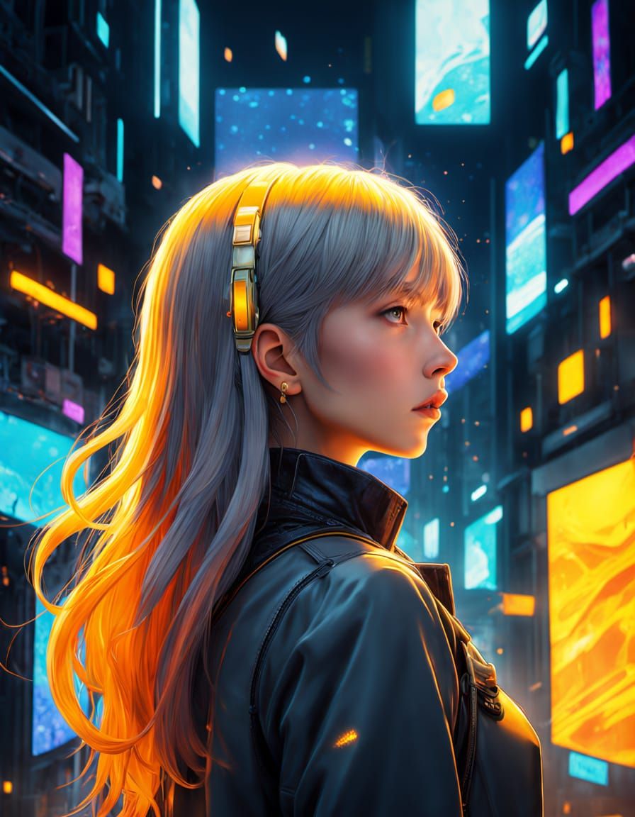 Confident Woman in Vibrant Solarpunk Hall, Screen Print Art