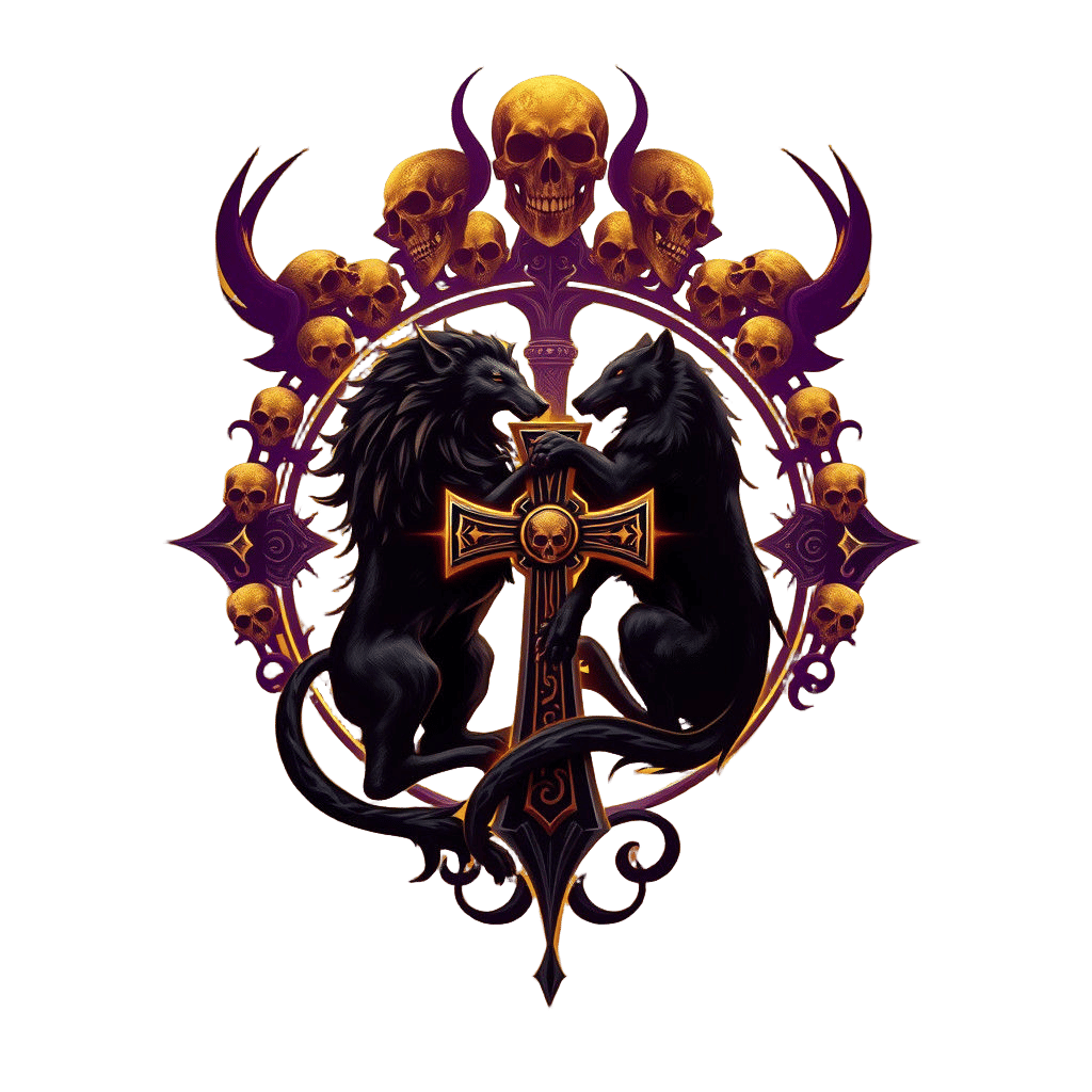 Dark Fantasy Logo with Lion, Wolf, Skull, Cross