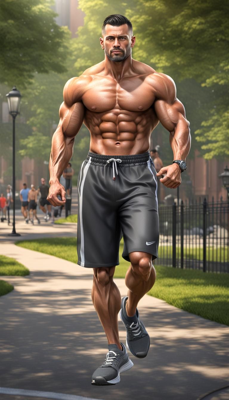 Muscular Man Jogging in Park: Photorealistic Rendering