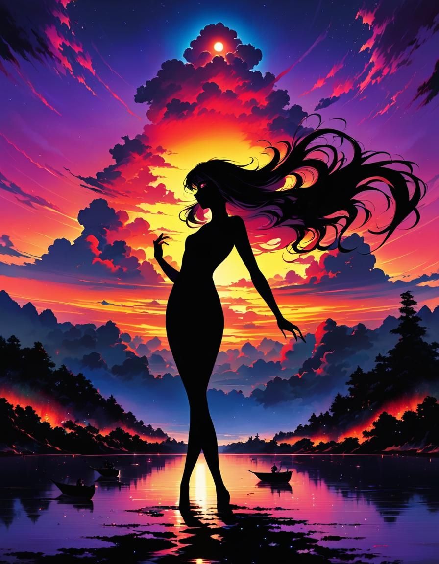 Anime Silhouette of Mysterious Woman in Dark Sunset