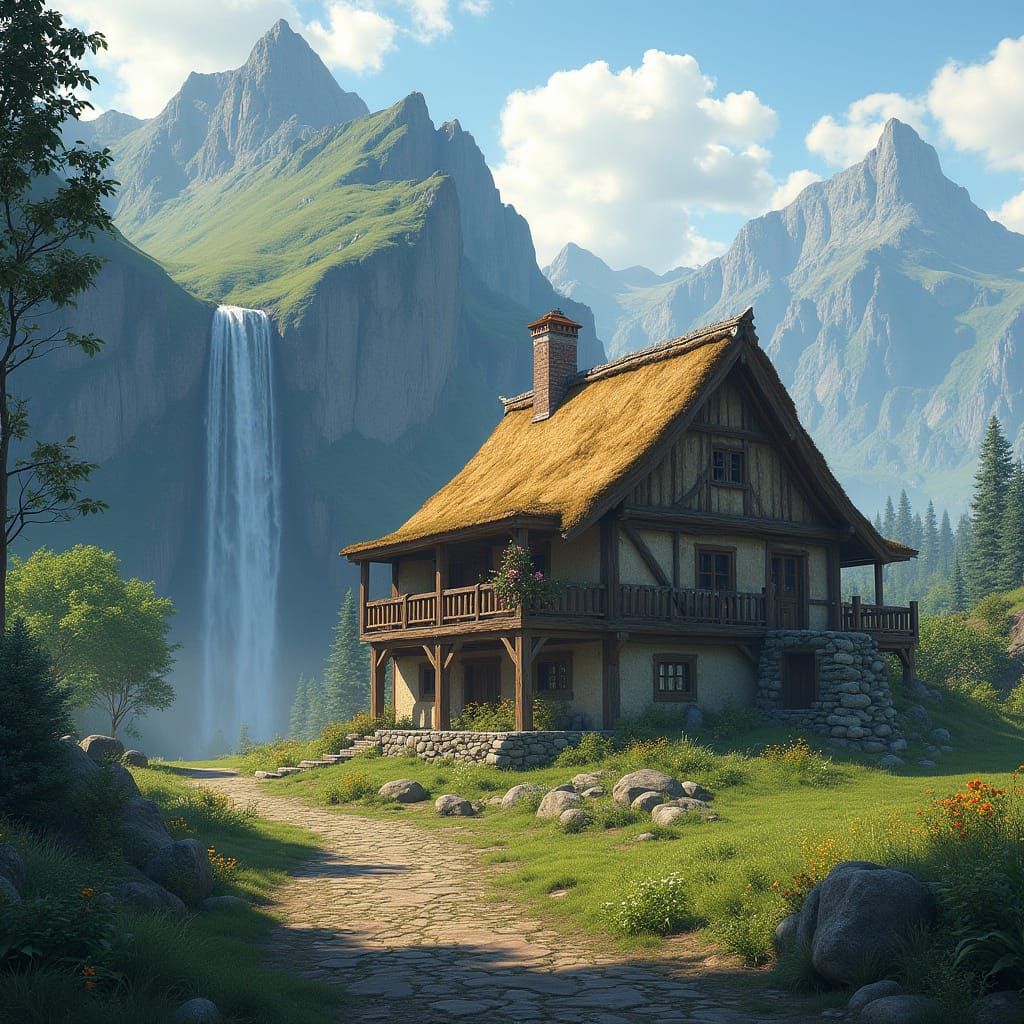 Village House with Waterfall in Detailed Matte Painting
