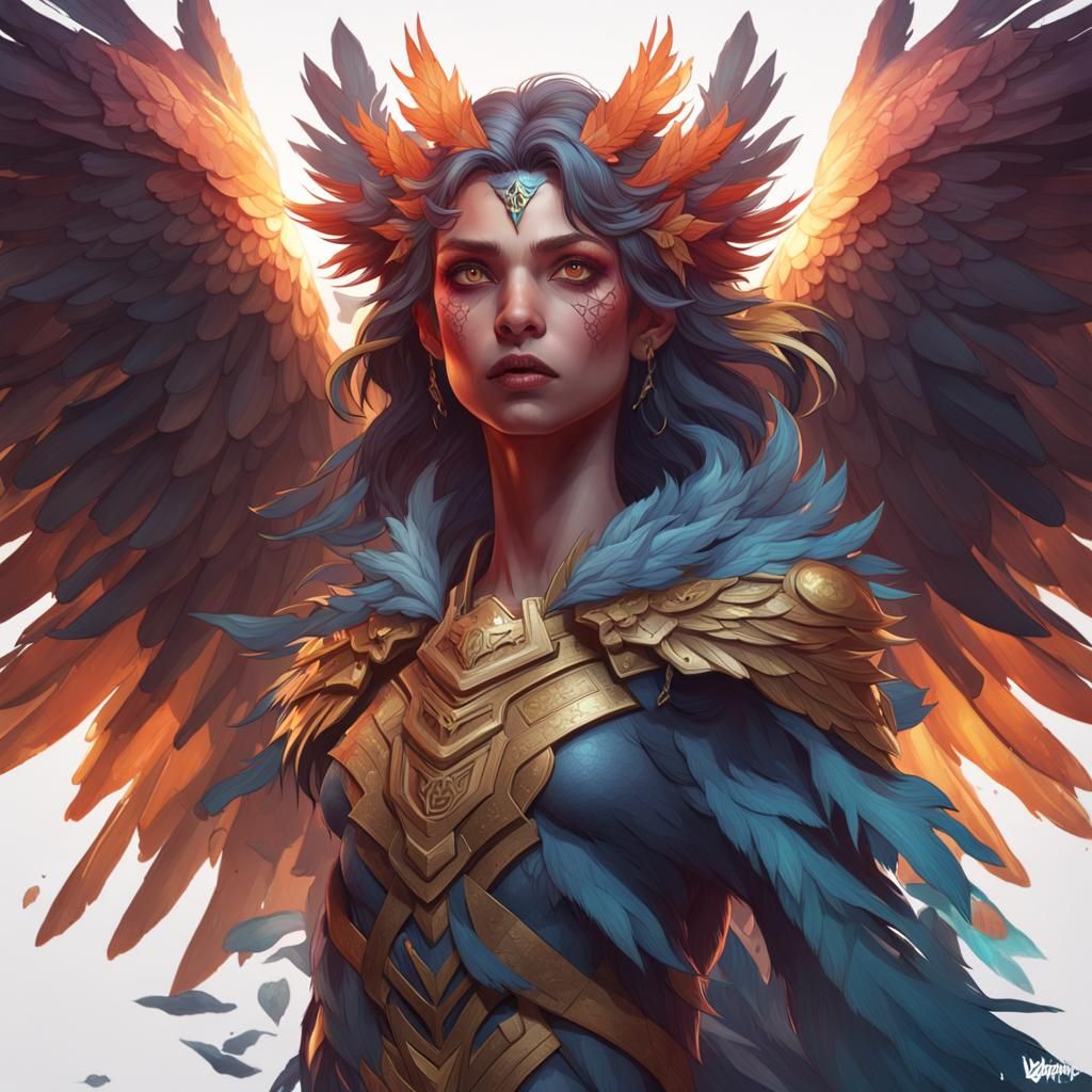 Detailed Harpy Portrait in Art Nouveau Style