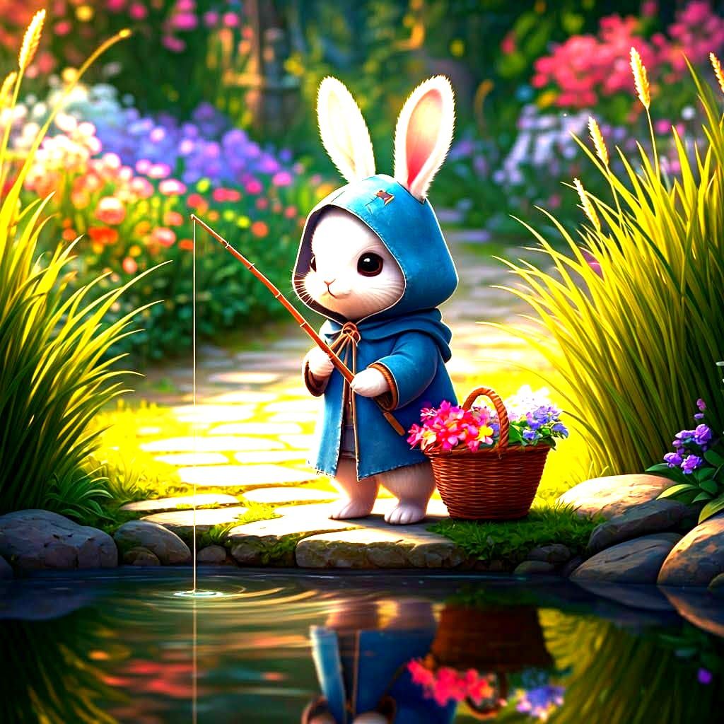 Bunny Fishing in Lush Garden: 3D Anime Art