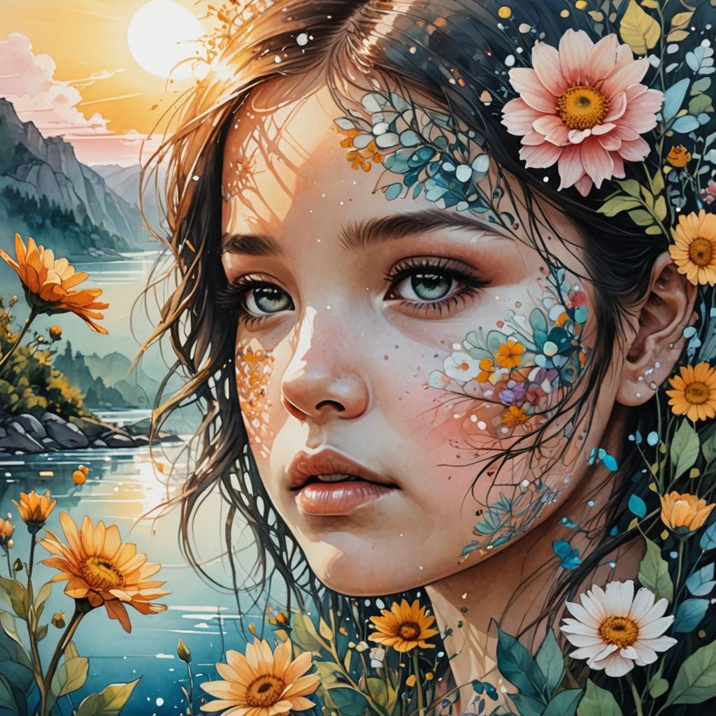 Surreal Double Exposure Girl's Face with Summer Flowers