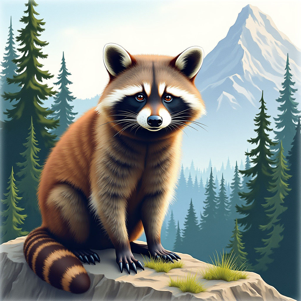 Realistic Raccoon in Mountain Landscape, Watercolor Art