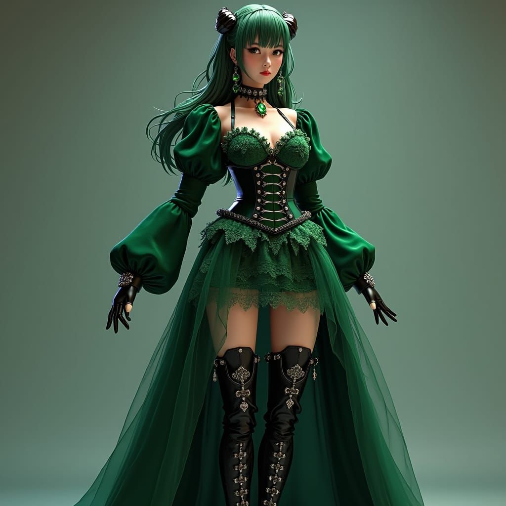 Emerald Green Gothic Dress with Combat Boots in Anime Style