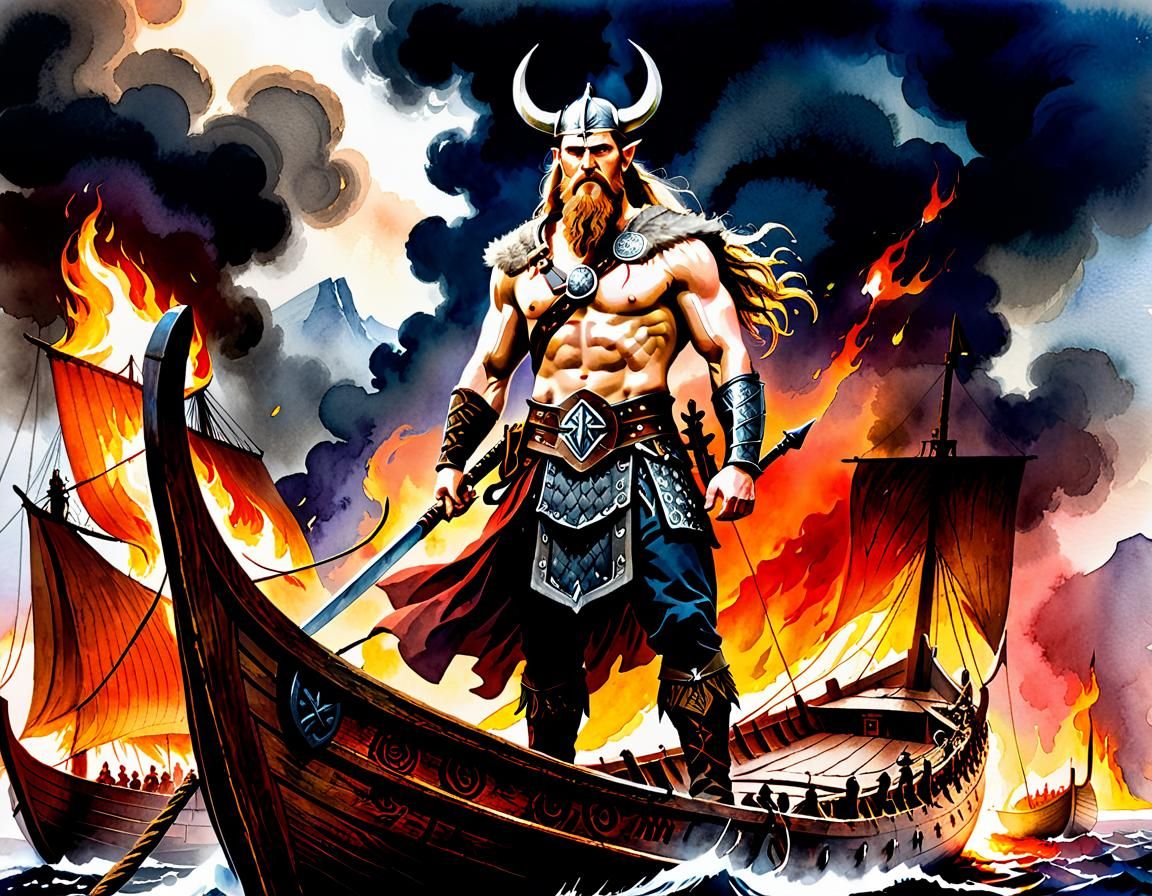 Viking Warrior on Longship in Watercolour