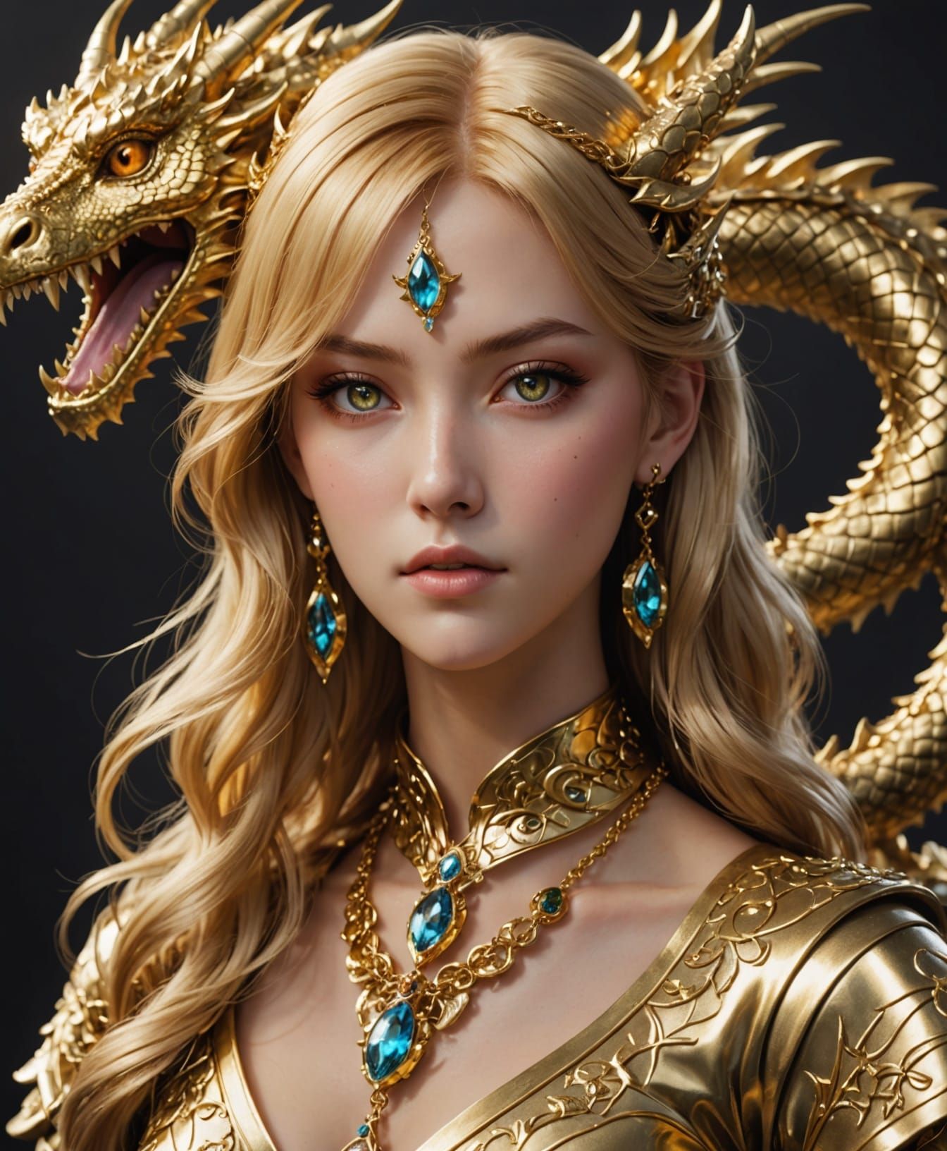 Golden Woman with Dragon Jewelry in Anime Art