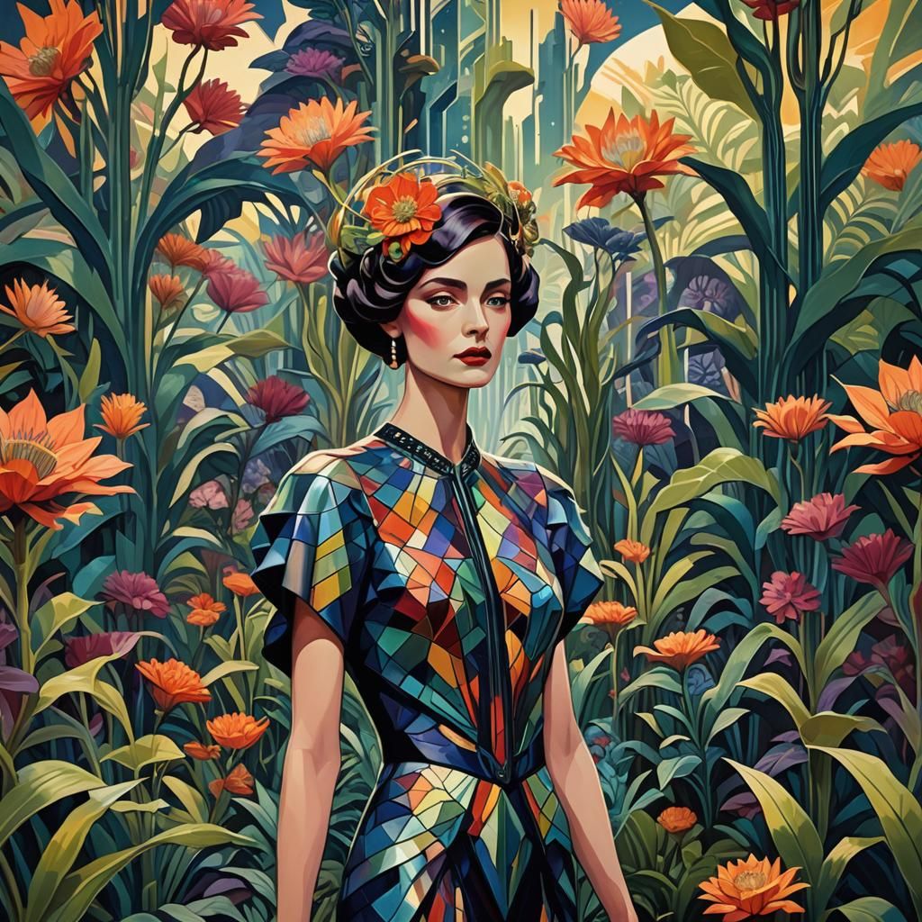 Fauvist Art Deco Woman in Alien Flora Landscape